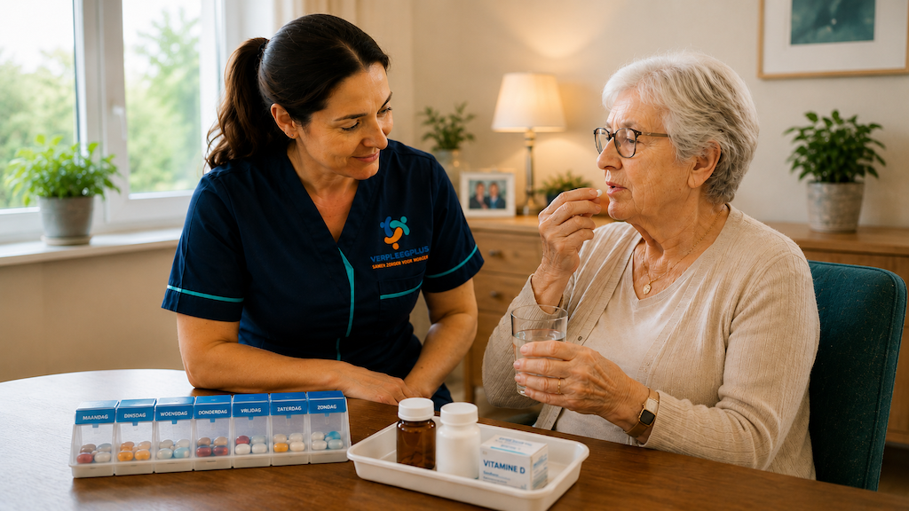 Verpleegkundige helpt patiënt thuis bij medicatie