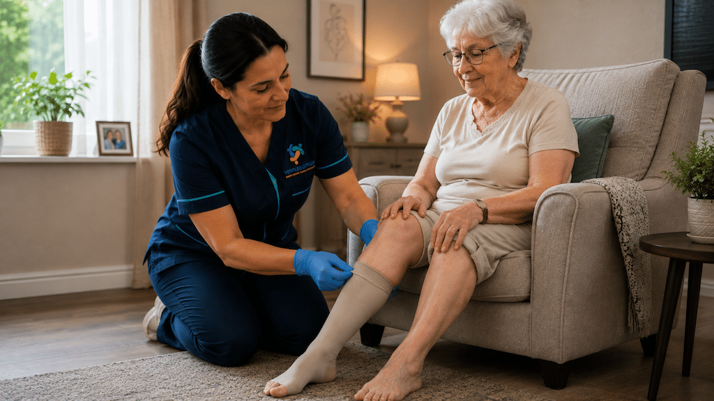 Compressietherapie - Verpleegkundige brengt compressieverband aan bij patiënt thuis